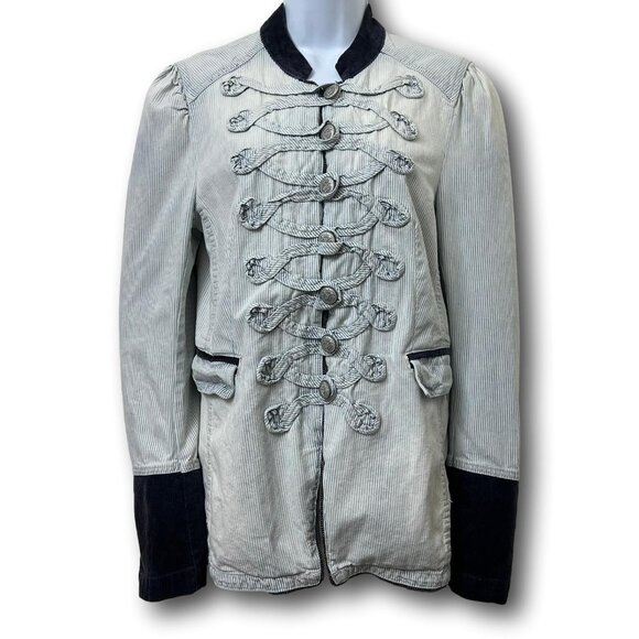Free People Womens Jacket Medium Striped Denim Military Style Button Blazer - Picture 6 of 16